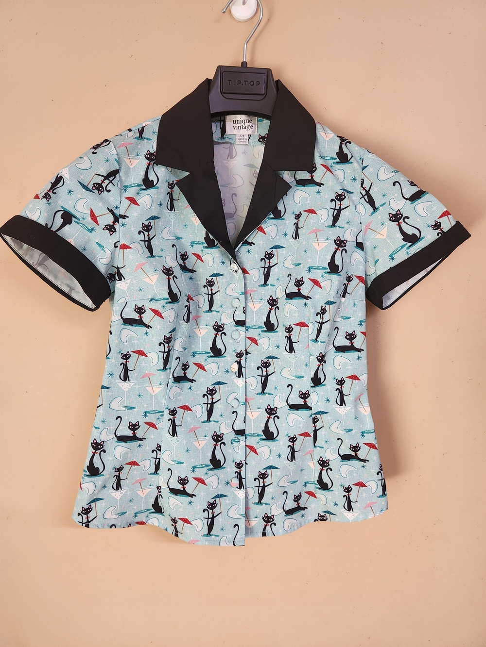 Unique Vintage Aqua Cat Print Camp Shirt with Black Trim